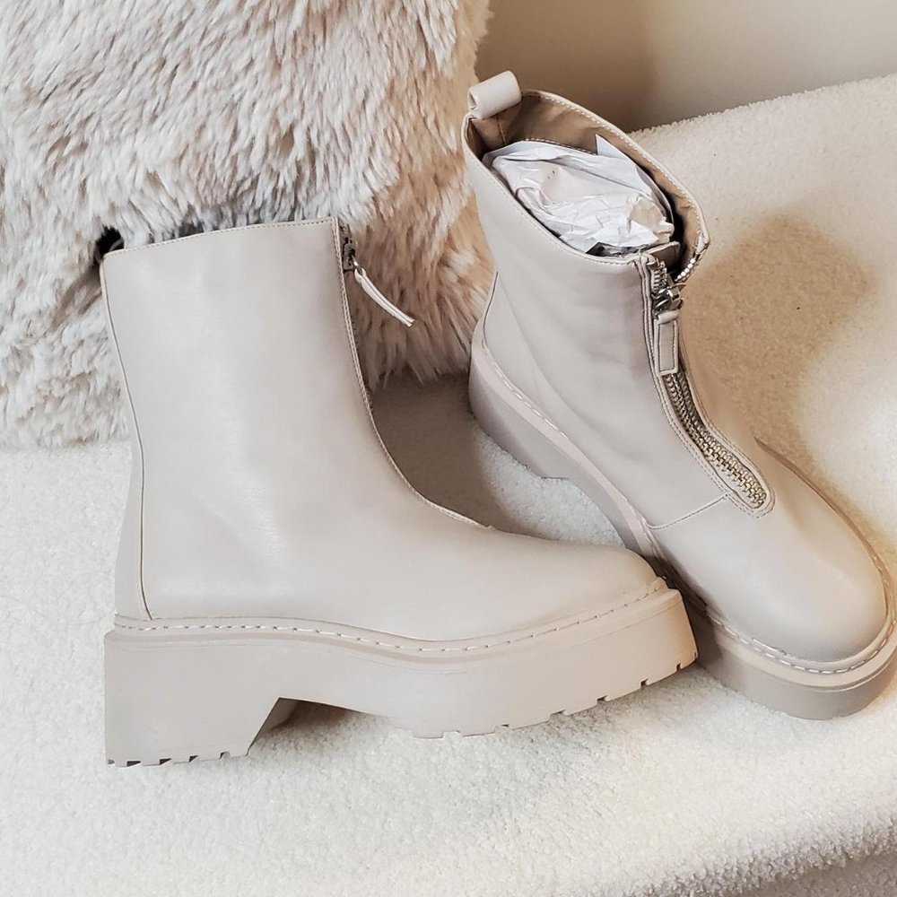 ASOS chunky ankle boot with zip up detail in sand
